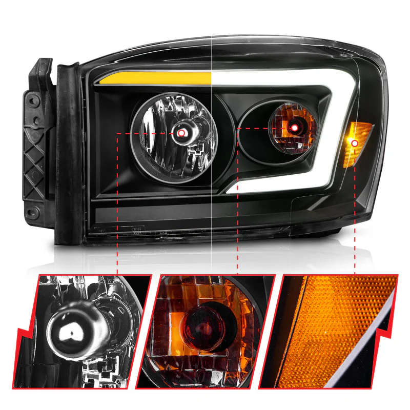 ANZO 06-09 Dodge RAM 1500/2500/3500 Headlights Black Housing/Clear Lens (w/Switchback Light Bars) - Image 11