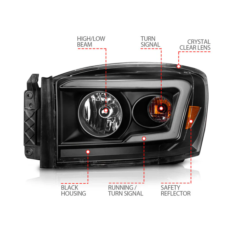 ANZO 06-09 Dodge RAM 1500/2500/3500 Headlights Black Housing/Clear Lens (w/Switchback Light Bars) - Image 8