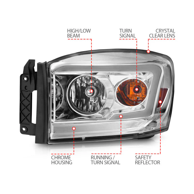 ANZO 06-09 Dodge RAM 1500/2500/3500 Headlights Chrome Housing/Clear Lens (w/ Light Bars) - Image 2