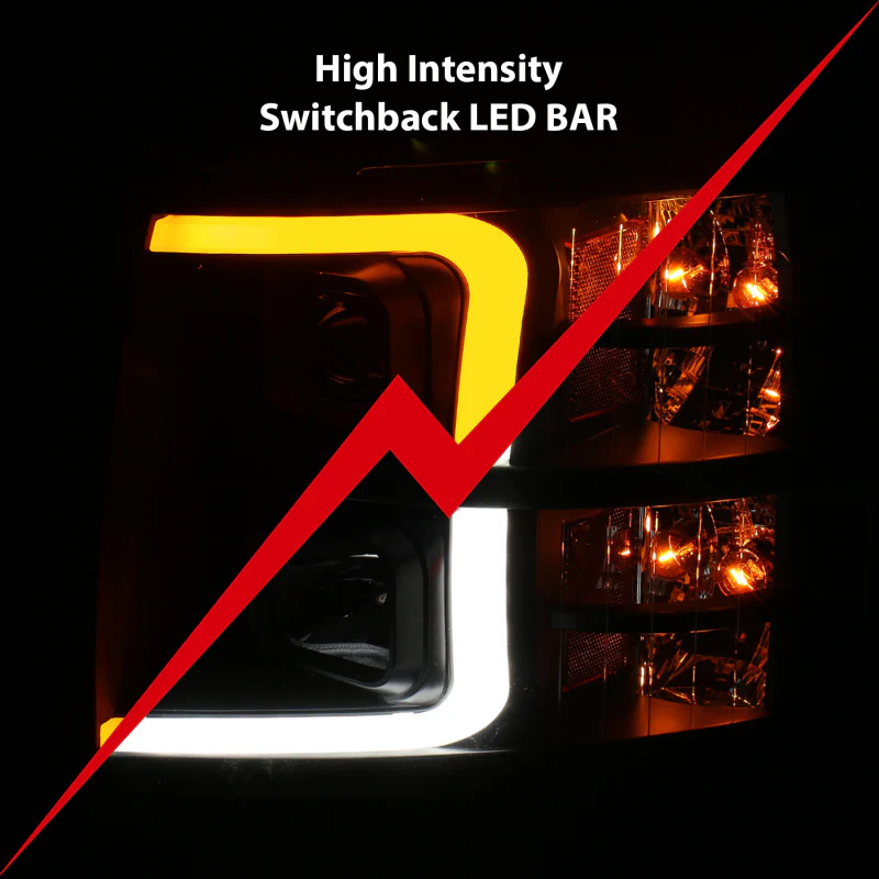 ANZO 07-13 Chevrolet Silverado 1500 Plank Style Projector Headlights Black w/ Amber - Image 10