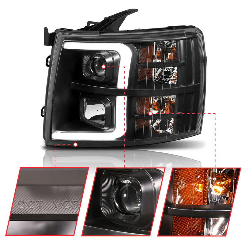 ANZO 07-13 Chevrolet Silverado 1500 Plank Style Projector Headlights Black w/ Amber - Image 11