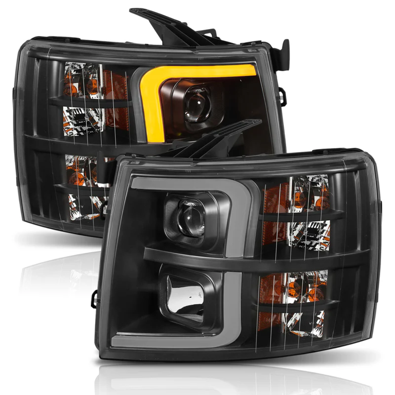 ANZO 07-13 Chevrolet Silverado 1500 Plank Style Projector Headlights Black w/ Amber - Image 14