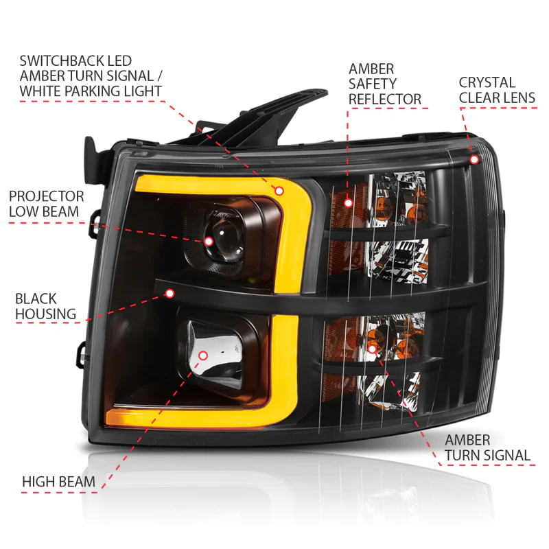 ANZO 07-13 Chevrolet Silverado 1500 Plank Style Projector Headlights Black w/ Amber - Image 4