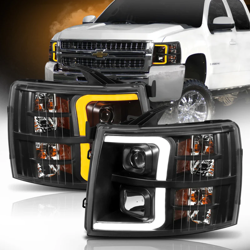 ANZO 07-13 Chevrolet Silverado 1500 Plank Style Projector Headlights Black w/ Amber - Image 5
