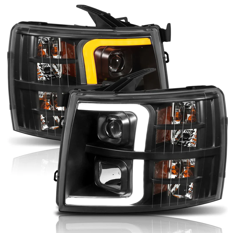 ANZO 07-13 Chevrolet Silverado 1500 Plank Style Projector Headlights Black w/ Amber - Image 6