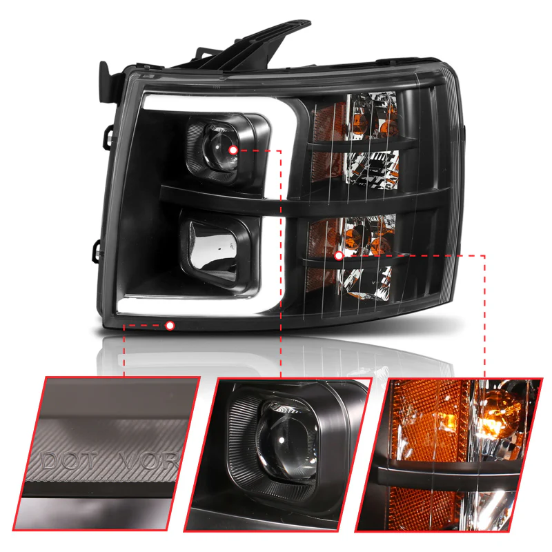 ANZO 07-13 Chevrolet Silverado 1500 Plank Style Projector Headlights Black w/ Amber - Image 8
