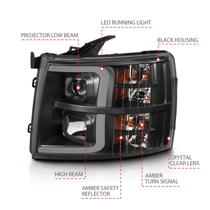 ANZO 07-13 Chevrolet Silverado 3500 Projector Headlights - Black Amber - Image 12