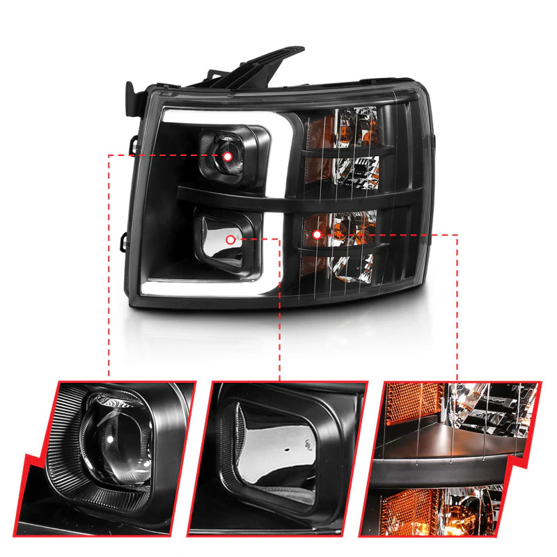 ANZO 07-13 Chevrolet Silverado 3500 Projector Headlights - Black Amber - Image 7