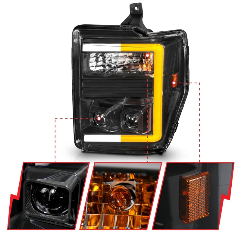 ANZO 08-10 Ford F-250 - F-550 Super Duty Projector Headlights w/ Light Bar Switchback Black Housing - Image 11