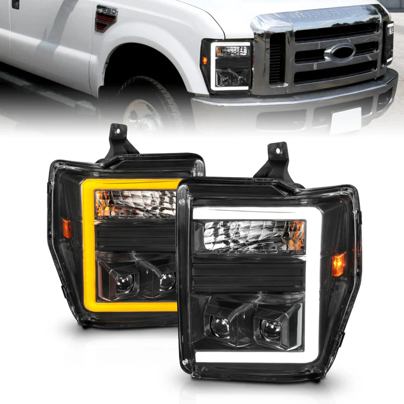 ANZO 08-10 Ford F-250 - F-550 Super Duty Projector Headlights w/ Light Bar Switchback Black Housing - Image 2