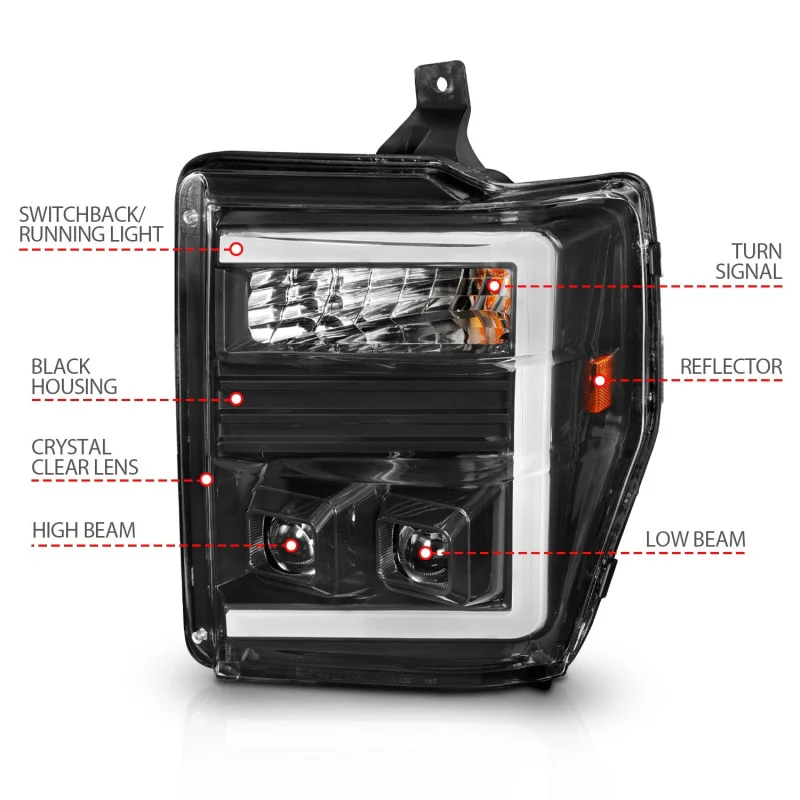 ANZO 08-10 Ford F-250 - F-550 Super Duty Projector Headlights w/ Light Bar Switchback Black Housing - Image 4