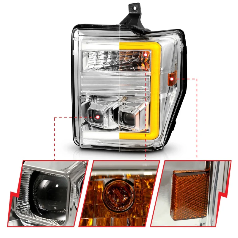 ANZO 08-10 Ford F-250 - F-550 Super Duty Projector Headlights w/ Light Bar Switchback Chrome Housing - Image 11