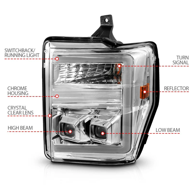ANZO 08-10 Ford F-250 - F-550 Super Duty Projector Headlights w/ Light Bar Switchback Chrome Housing - Image 4