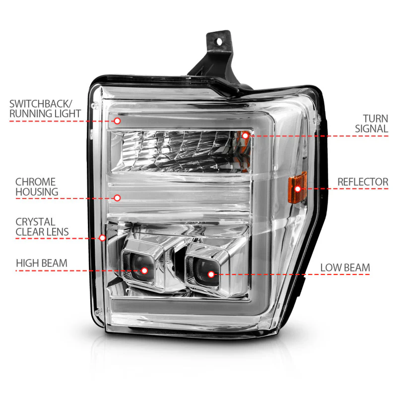 ANZO 08-10 Ford F-250 - F-550 Super Duty Projector Headlights w/ Light Bar Switchback Chrome Housing - Image 5