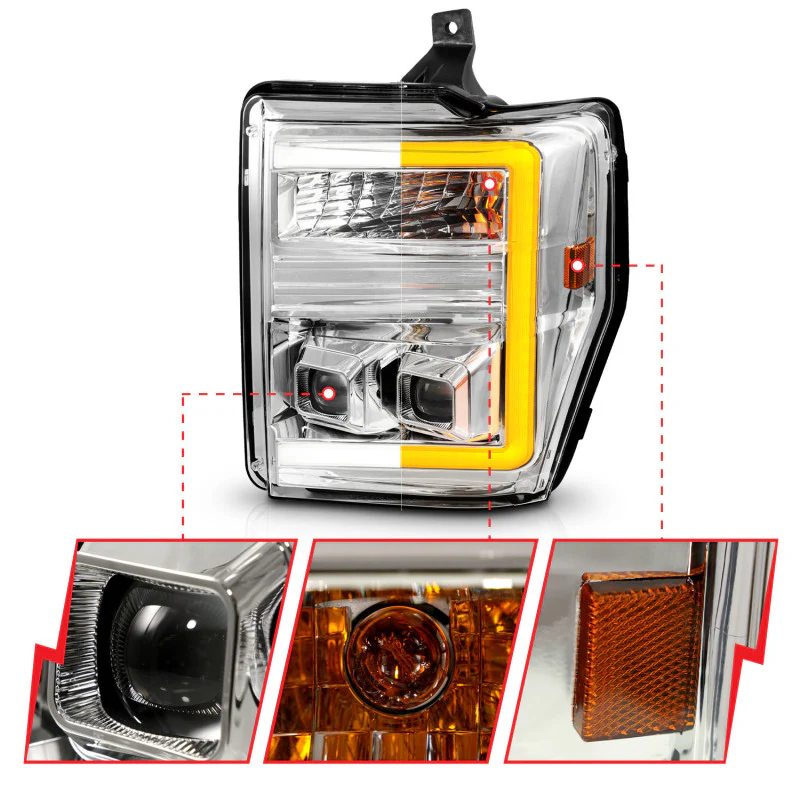ANZO 08-10 Ford F-250 - F-550 Super Duty Projector Headlights w/ Light Bar Switchback Chrome Housing - Image 6