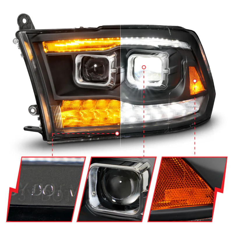 ANZO 09-18 Dodge Ram 1500/2500/3500 Full LED Proj Headlights w/Switchback Light Bar - Black - Image 10