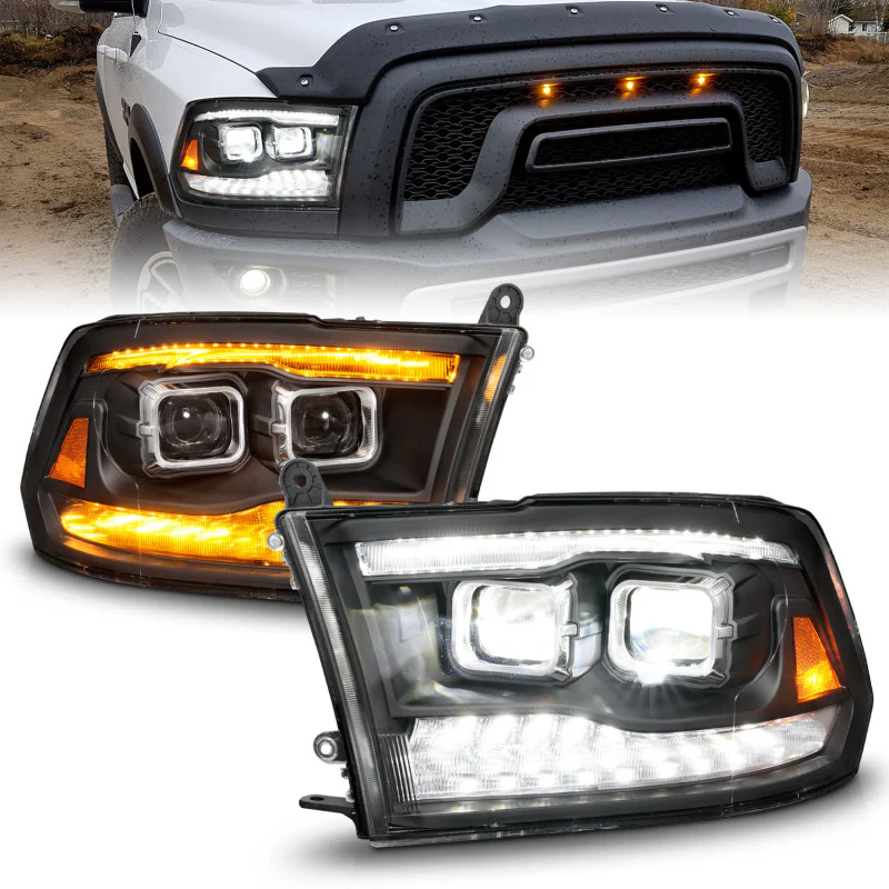 ANZO 09-18 Dodge Ram 1500/2500/3500 Full LED Proj Headlights w/Switchback Light Bar - Black - Image 2