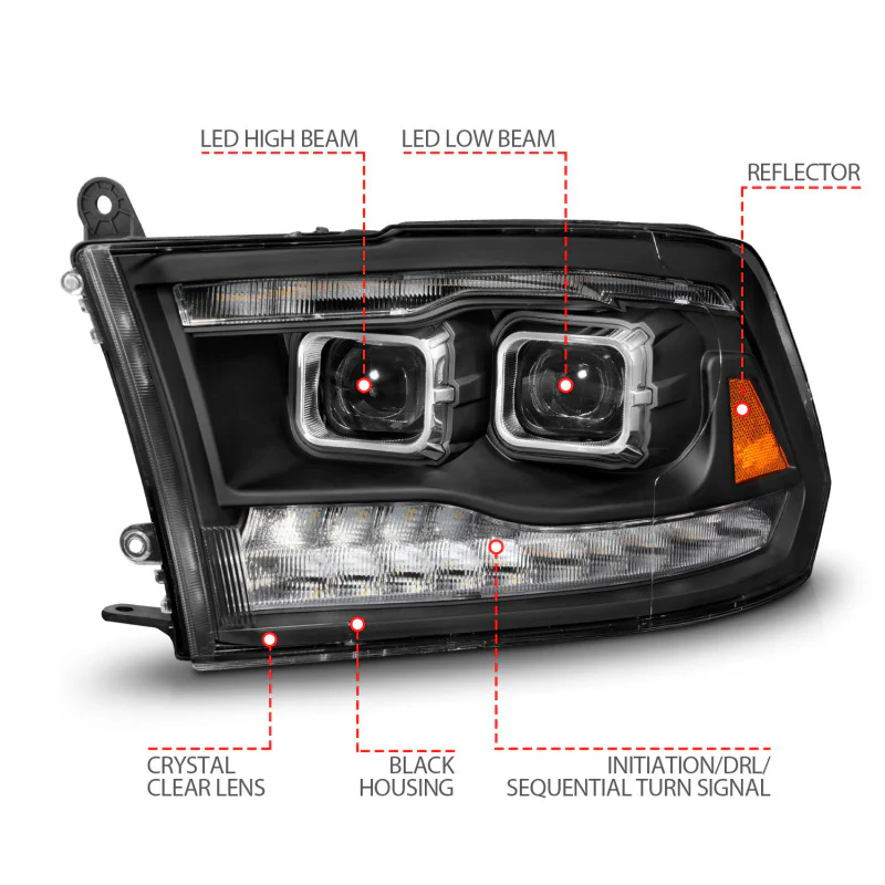 ANZO 09-18 Dodge Ram 1500/2500/3500 Full LED Proj Headlights w/Switchback Light Bar - Black - Image 7