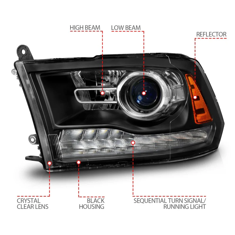 ANZO 09-18 Dodge Ram 1500/2500/3500 LED Plank Style Headlights Switchback + Sequential - Matte Black - Image 6