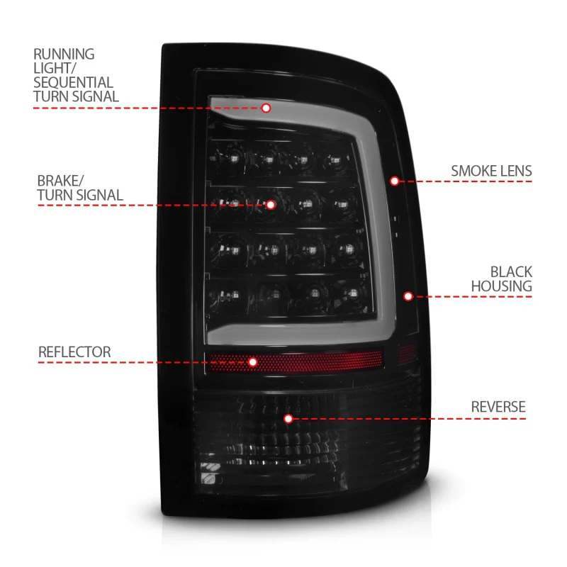 ANZO 09-18 Dodge Ram 1500 Full LED Taillights w/ Sequential Black Housing/Smoke Lens - Image 3