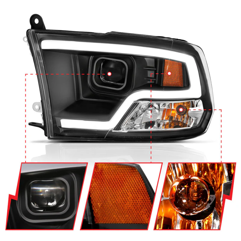 ANZO 09-18 Dodge Ram 1500 Plank Style Projector Headlights Black w/ Halo - Image 13