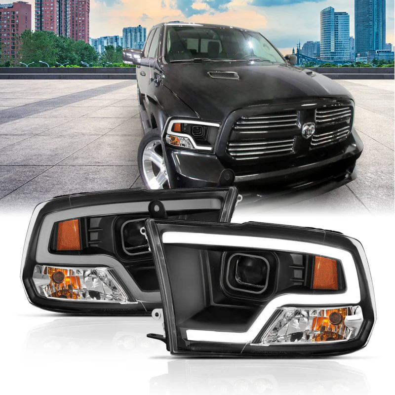 ANZO 09-18 Dodge Ram 1500 Plank Style Projector Headlights Black w/ Halo - Image 2