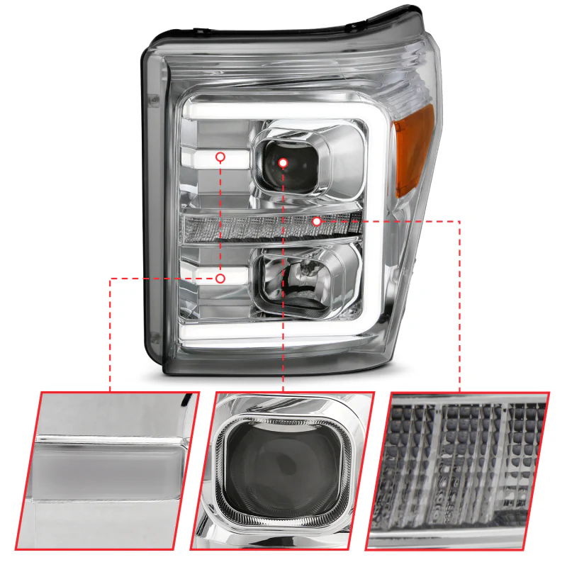 ANZO 11-16 Ford F-250/F-350/F-450 Projector Headlights w/ Plank Style Switchback Chrome w/Amber - Image 12