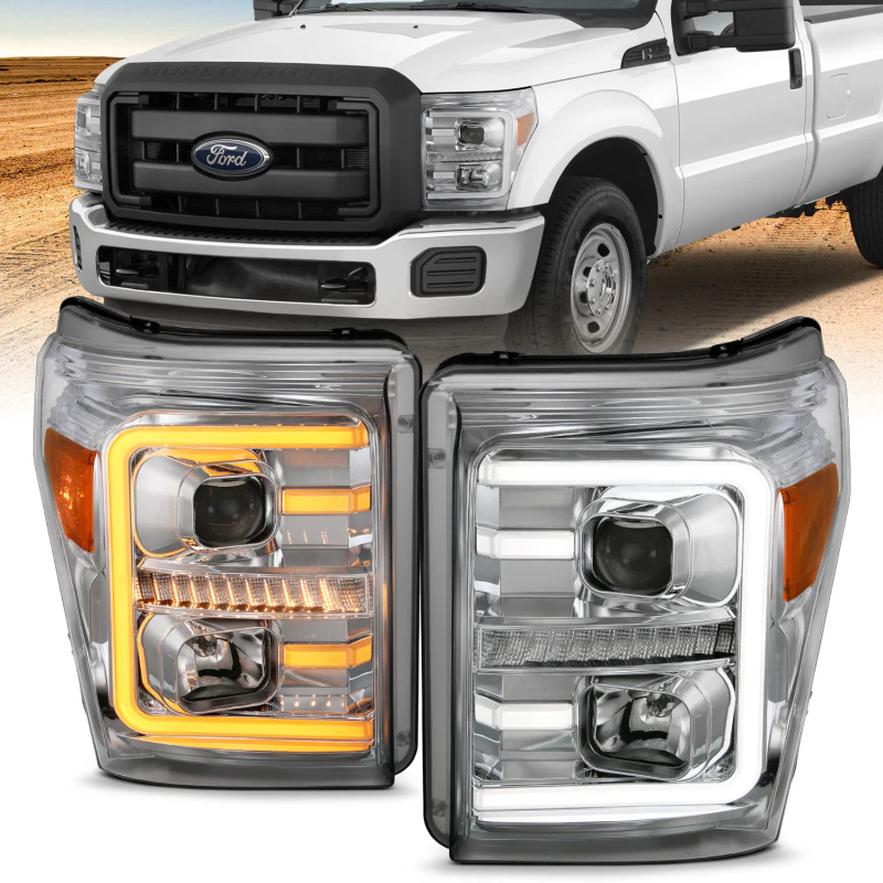 ANZO 11-16 Ford F-250/F-350/F-450 Projector Headlights w/ Plank Style Switchback Chrome w/Amber - Image 4