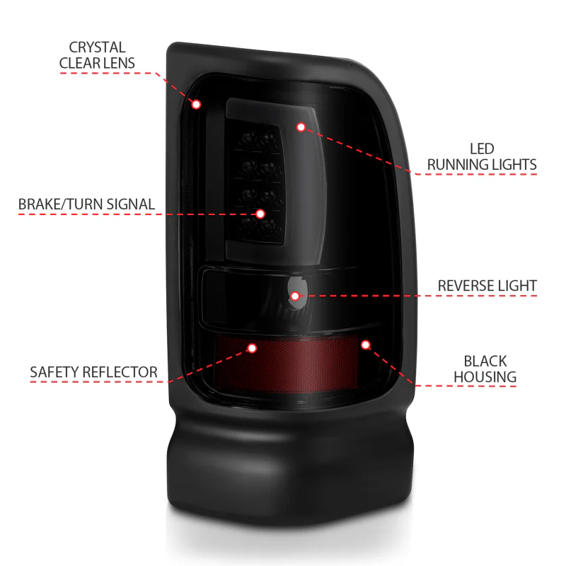 ANZO 1994-2001 Dodge Ram 1500 LED Taillights Plank Style Black w/Smoke Lens - Image 13