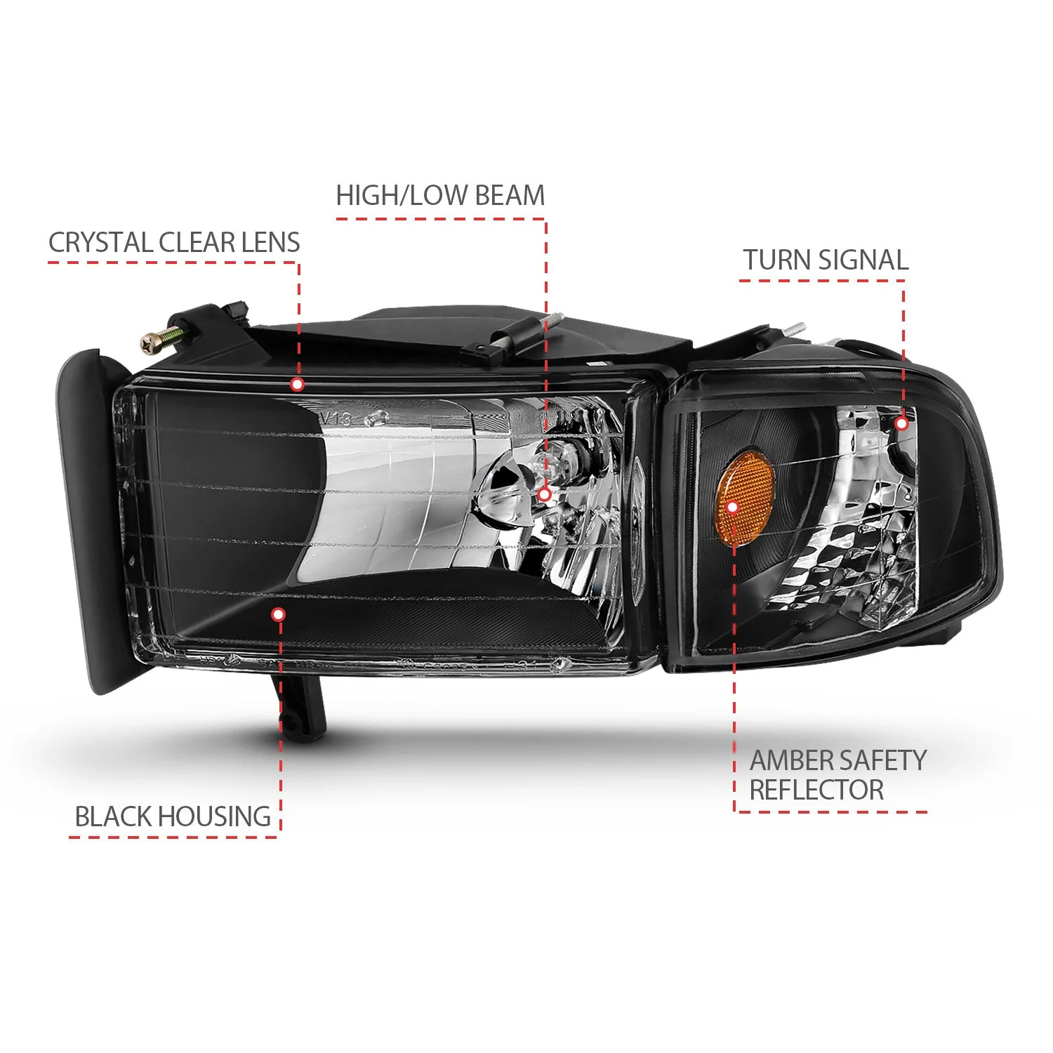 ANZO 1994-2001 Dodge Ram Crystal Headlights Black - Image 4