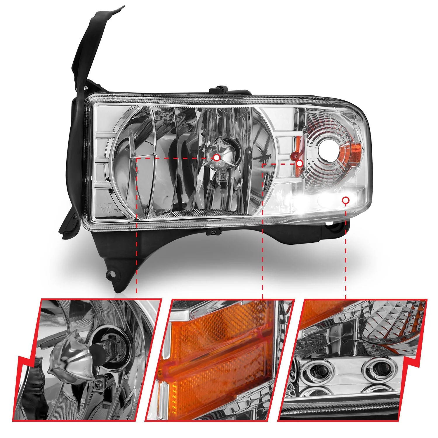 ANZO 1994-2001 Dodge Ram Crystal Headlights Chrome w/ LED - Image 4