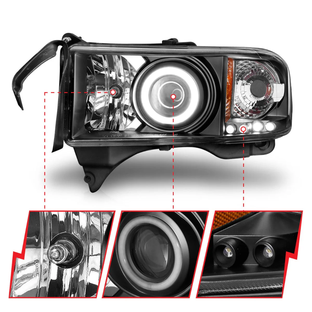 ANZO 1994-2001 Dodge Ram Projector Headlights w/ Halo Black - Image 4
