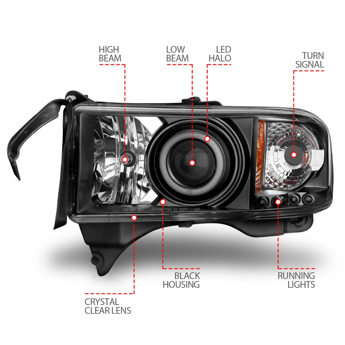 ANZO 1994-2001 Dodge Ram Projector Headlights w/ Halo Black - Image 5