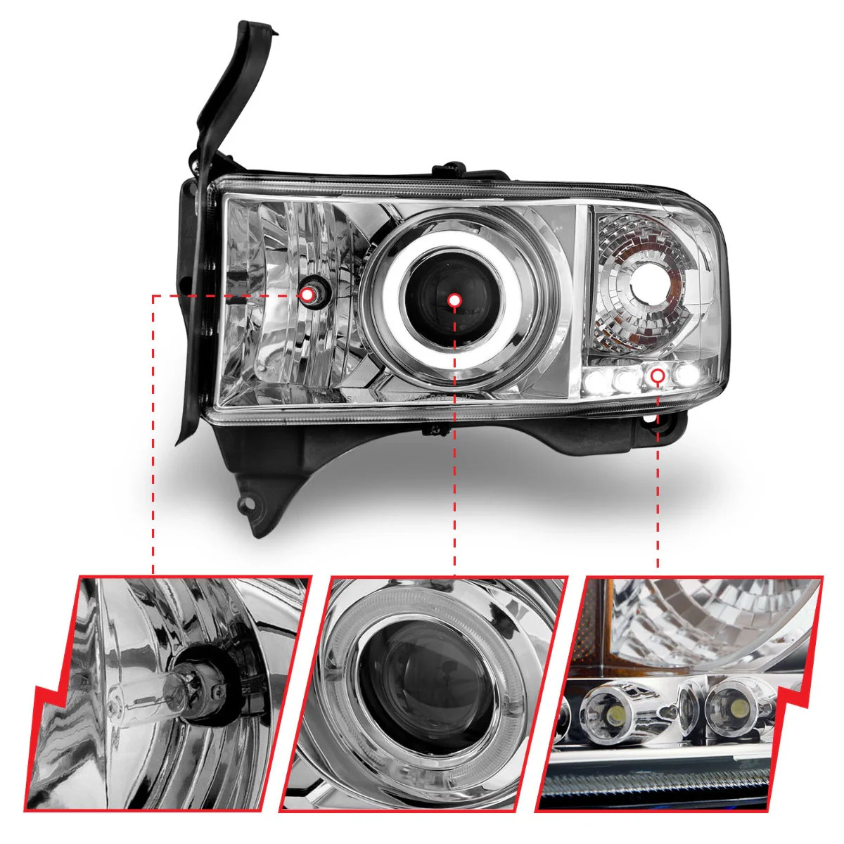 ANZO 1994-2001 Dodge Ram Projector Headlights w/ Halo Chrome - Image 4