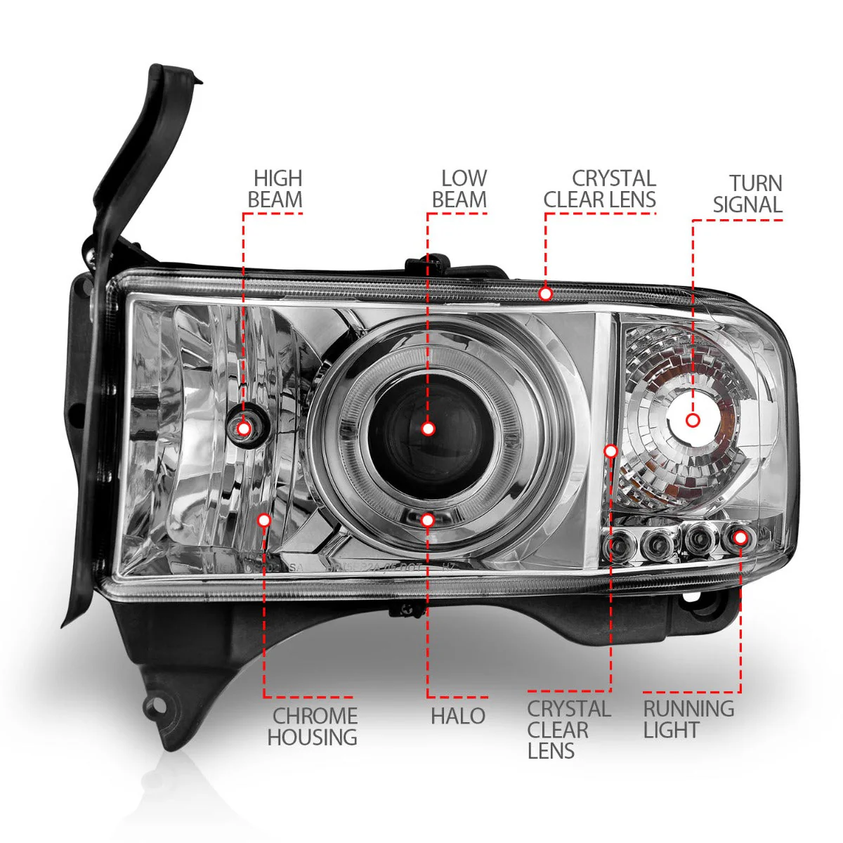 ANZO 1994-2001 Dodge Ram Projector Headlights w/ Halo Chrome - Image 6