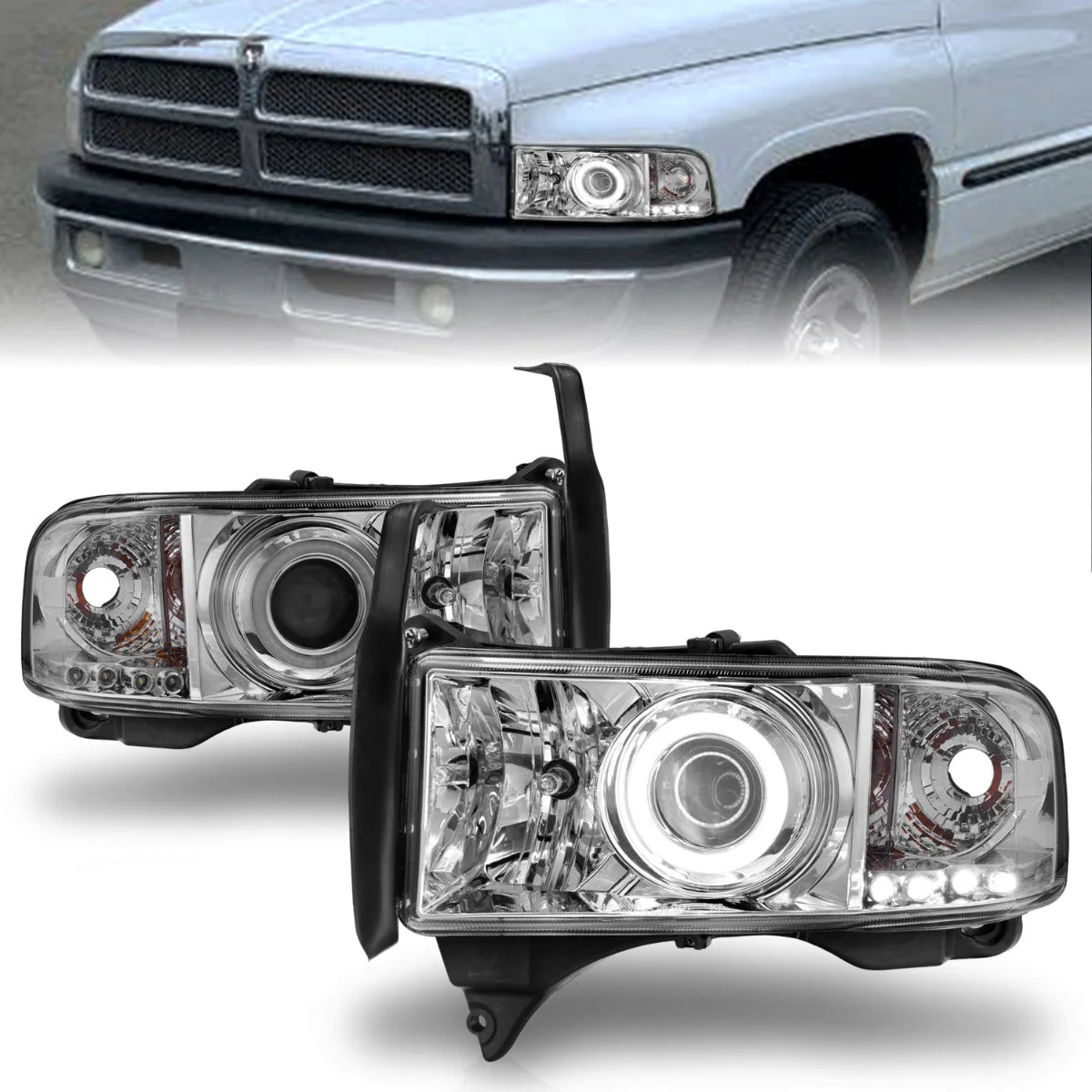 ANZO 1994-2001 Dodge Ram Projector Headlights w/ Halo Chrome - Image 4