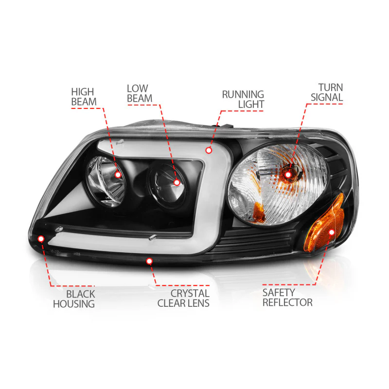 ANZO 1997-2003 Ford F-150 Projector Headlights w/ Light Bar Black Housing - Image 2