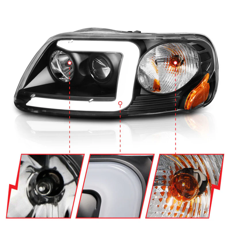 ANZO 1997-2003 Ford F-150 Projector Headlights w/ Light Bar Black Housing - Image 6