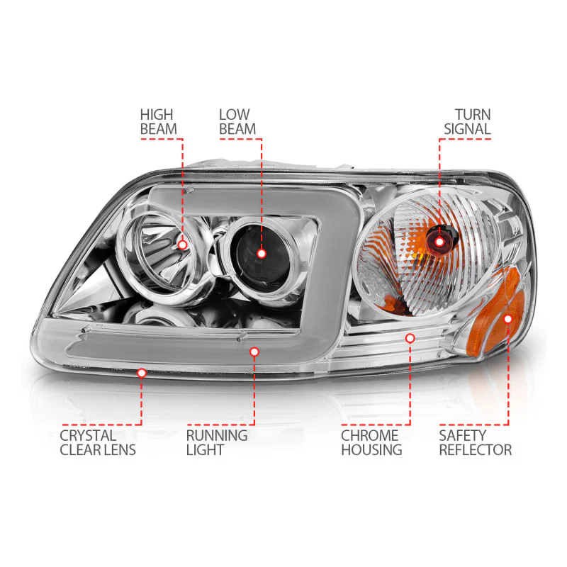 ANZO 1997-2003 Ford F-150 Projector Headlights w/ Light Bar Chrome Housing - Image 10
