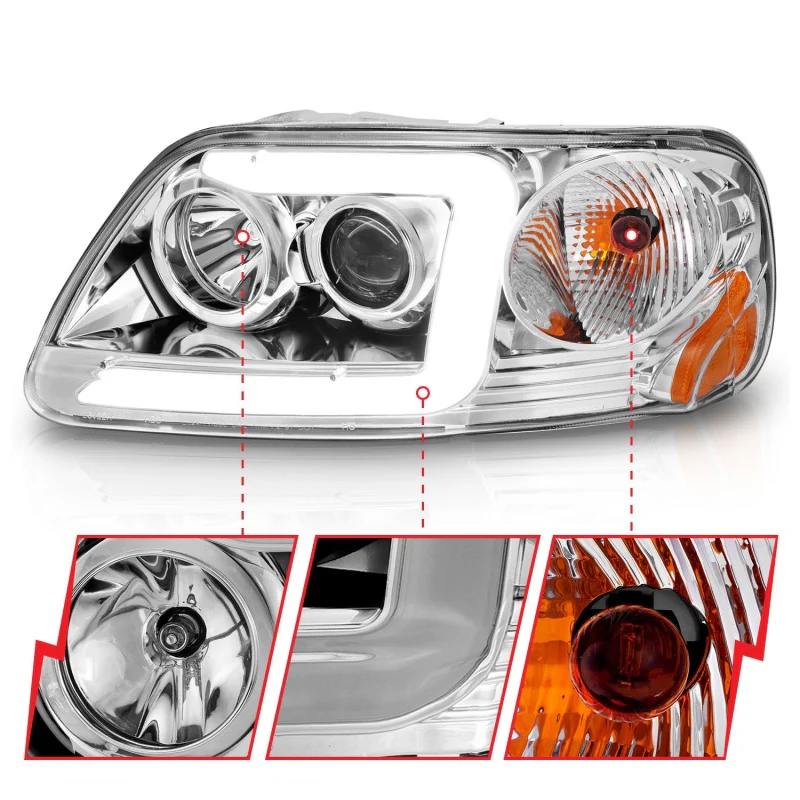 ANZO 1997-2003 Ford F-150 Projector Headlights w/ Light Bar Chrome Housing - Image 3