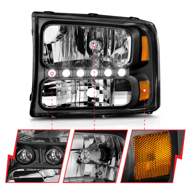 ANZO 2000-2004 Ford Excursion Crystal Headlights Black w/ LED 1pc - Image 16