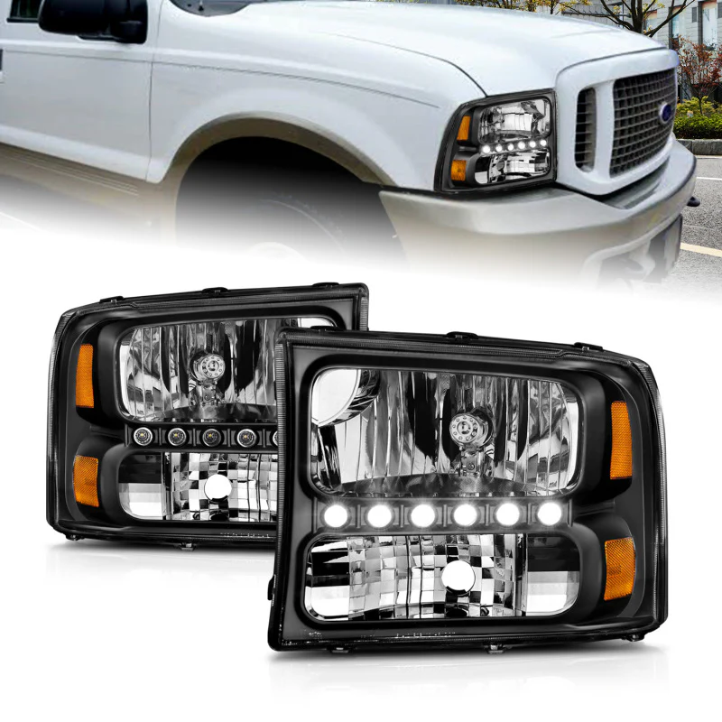 ANZO 2000-2004 Ford Excursion Crystal Headlights Black w/ LED 1pc - Image 8