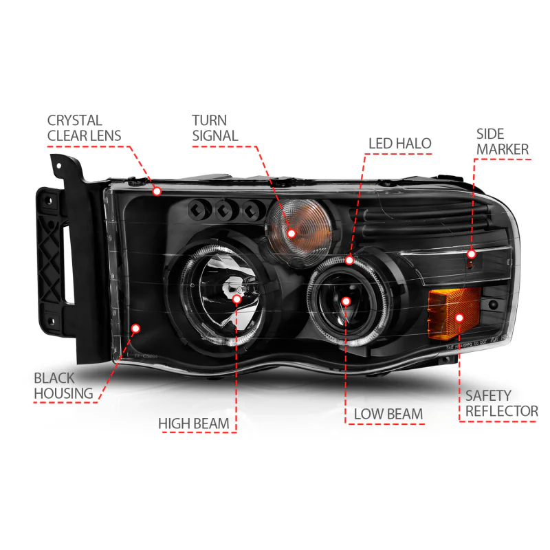 ANZO 2002-2005 Dodge Ram 1500 Projector Headlights w/ Halo Black Clear Amber - Image 2