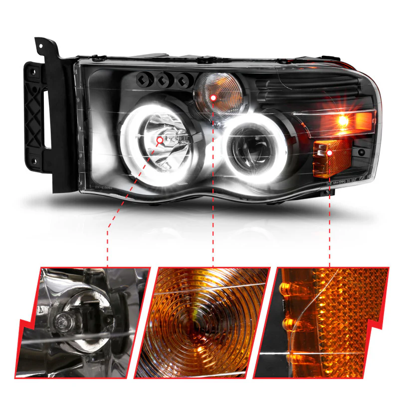 ANZO 2002-2005 Dodge Ram 1500 Projector Headlights w/ Halo Black Clear Amber - Image 8