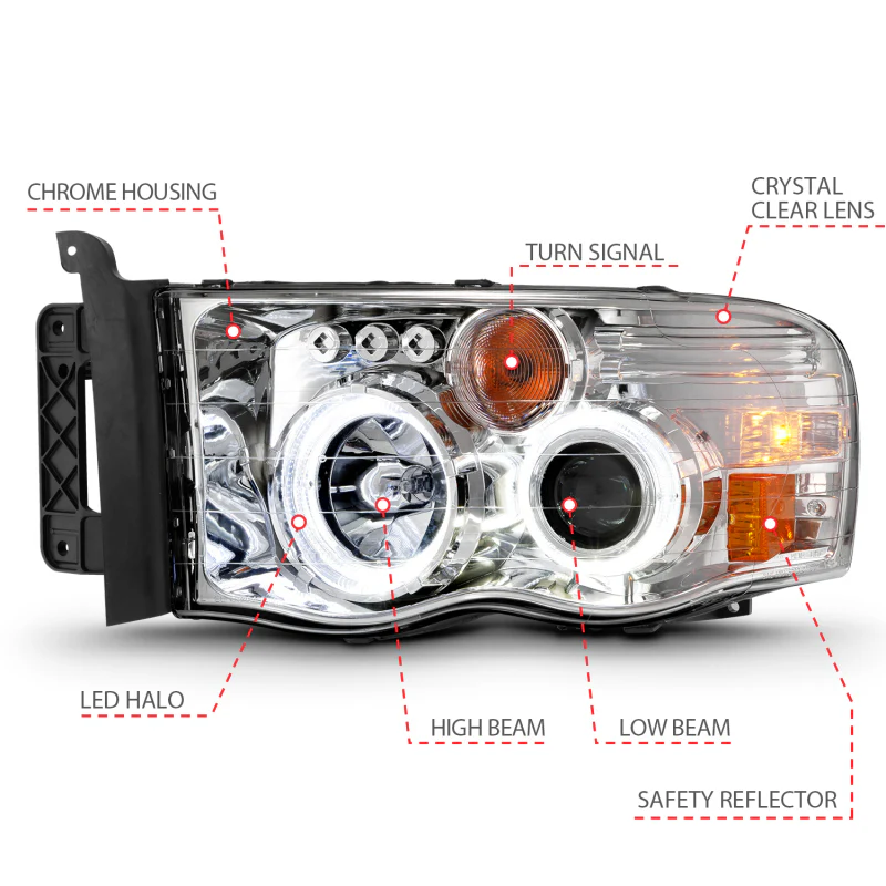 ANZO 2002-2005 Dodge Ram 1500 Projector Headlights w/ Halo Chrome Clear Amber - Image 7