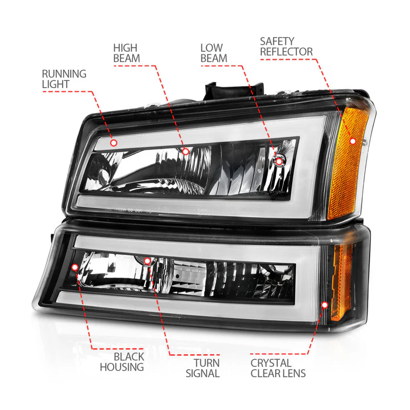ANZO 2003-2006 Chevrolet Silverado 1500 Crystal Headlights w/ Light Bar Black Housing - Image 6