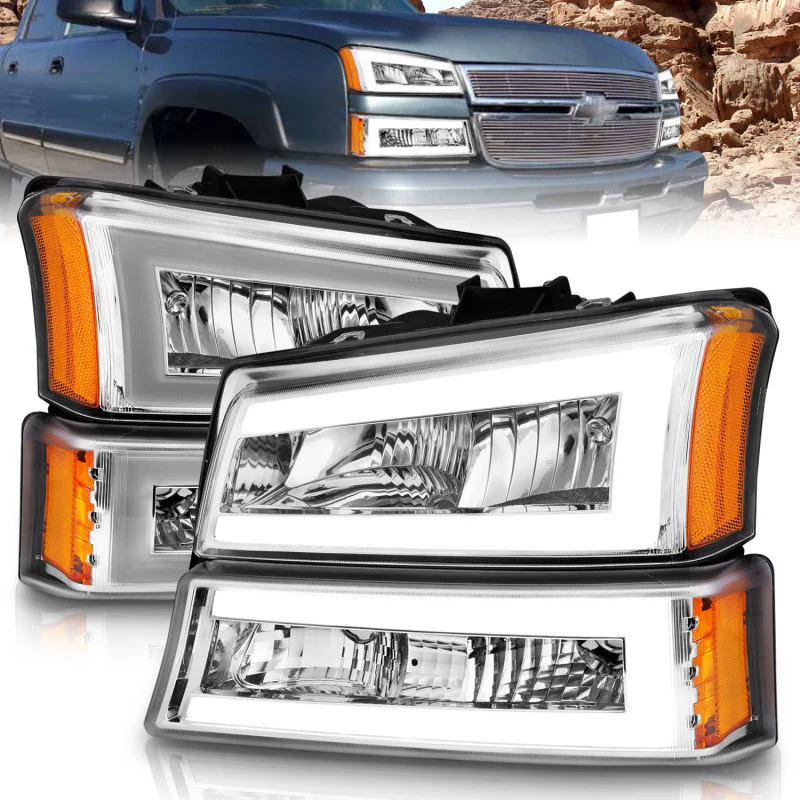 ANZO 2003-2006 Chevrolet Silverado 1500 Crystal Headlights w/ Light Bar Chrome Housing - Image 2