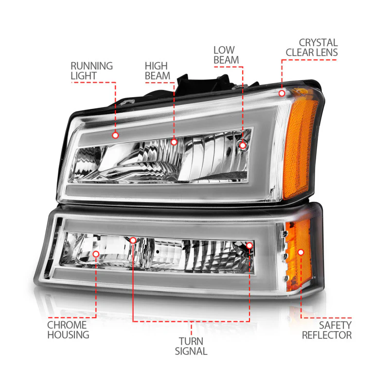 ANZO 2003-2006 Chevrolet Silverado 1500 Crystal Headlights w/ Light Bar Chrome Housing - Image 6