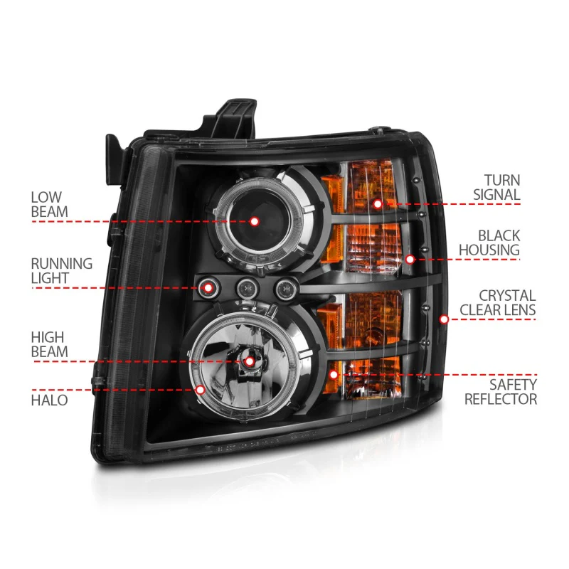 ANZO 2007-2013 Chevrolet Silverado 1500 Projector Headlights w/ Halo Black - Image 10