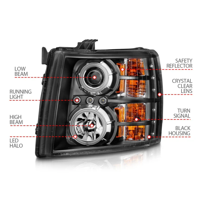 ANZO 2007-2013 Chevrolet Silverado 1500 Projector Headlights w/ Halo Black - Image 10